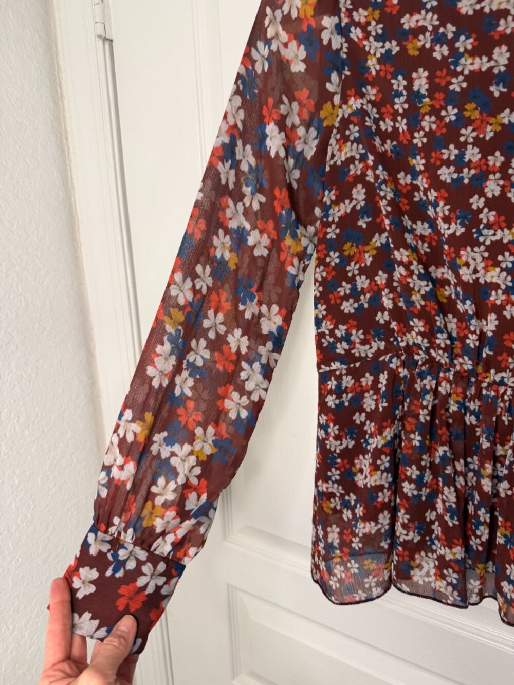Jason Wu Collective Floral Sheer Peplum Blouse -Boho-- Burgundy– 4- MSRP $350 - Picture 10 of 14